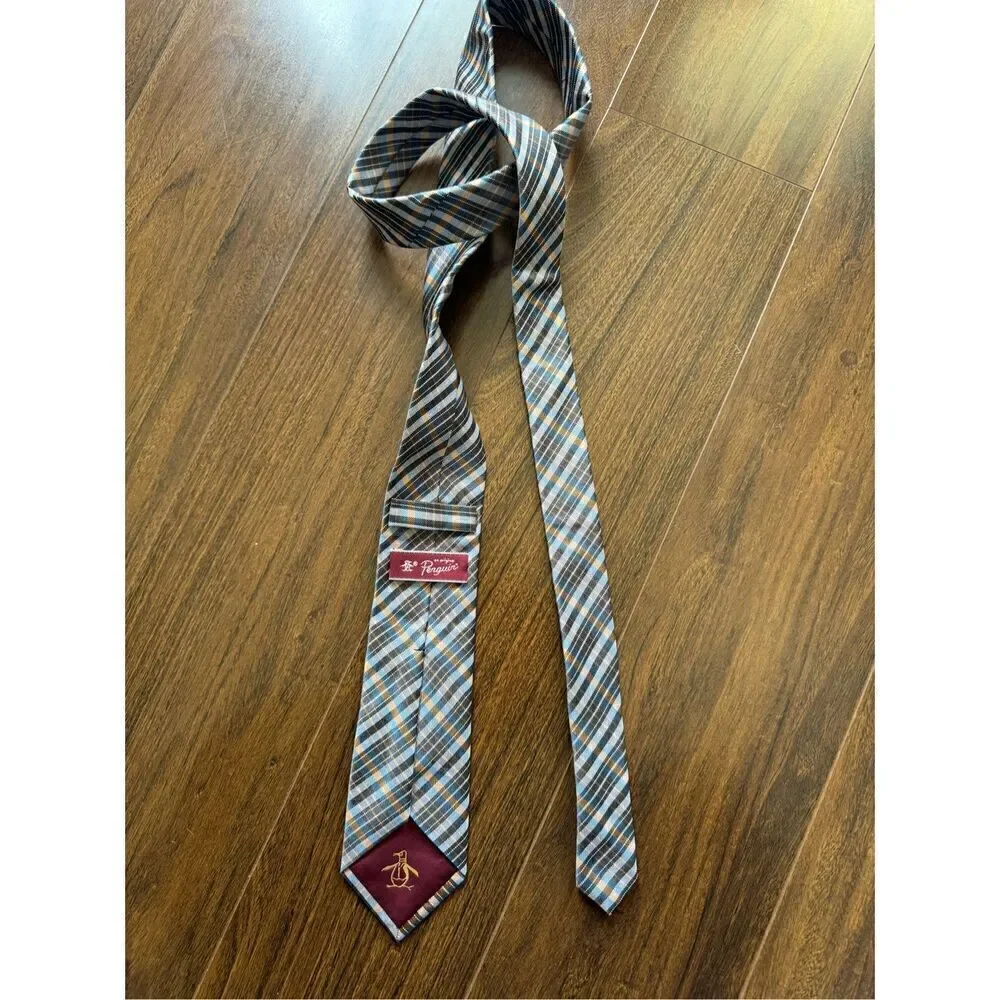 Penguin yellow blue brown plaid tie